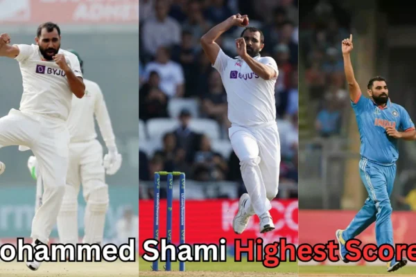 "Indian cricketer Mohammed Shami seen bowling in Test and ODI matches, wearing both white and blue team jerseys, with text asking about Mohammed Shami’s highest score