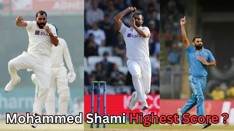 "Indian cricketer Mohammed Shami seen bowling in Test and ODI matches, wearing both white and blue team jerseys, with text asking about Mohammed Shami’s highest score