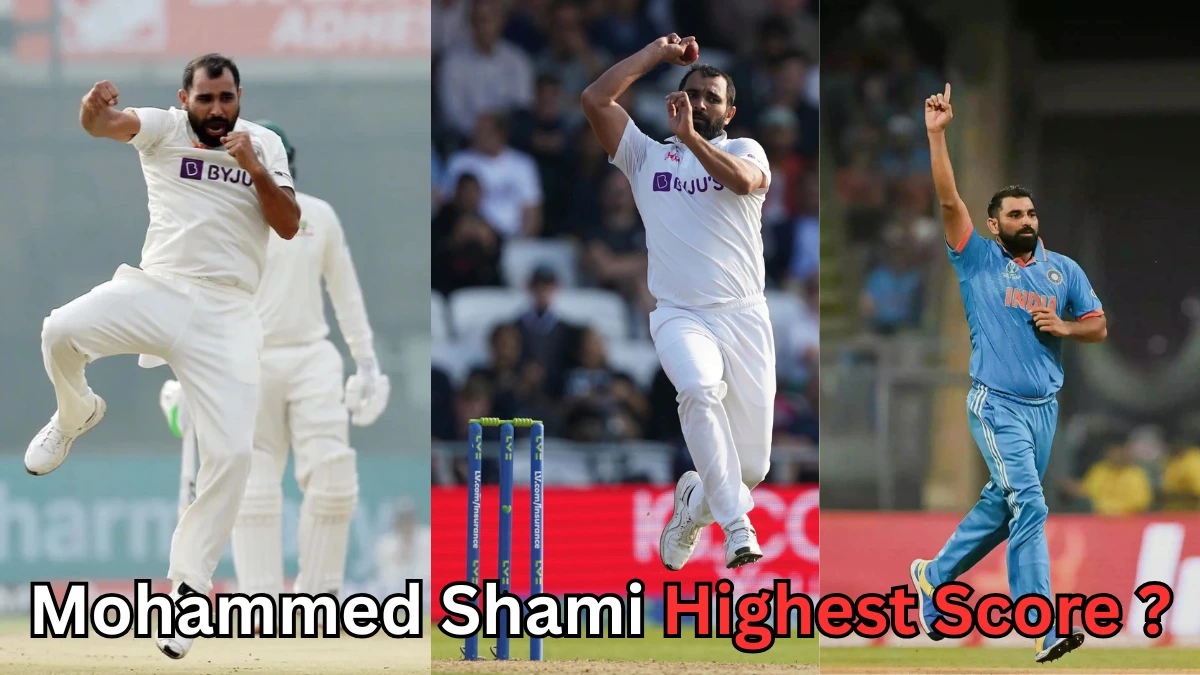 "Indian cricketer Mohammed Shami seen bowling in Test and ODI matches, wearing both white and blue team jerseys, with text asking about Mohammed Shami’s highest score
