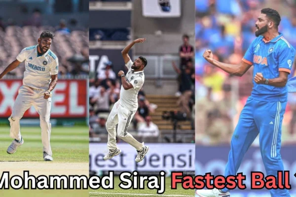 A collage showing Indian cricketer Mohammed Siraj bowling in three different formats — Test cricket in white uniform on the left and center, and One Day International (ODI) cricket in blue uniform on the right. The text at the bottom reads “Mohammed Siraj Fastest Ball?” in bold black and red letters.
