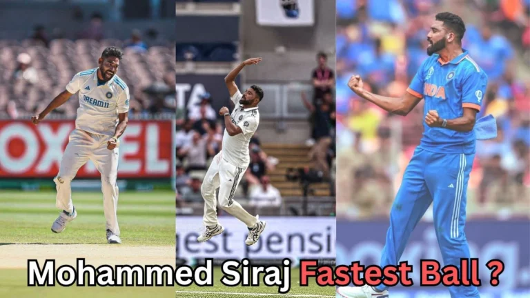 A collage showing Indian cricketer Mohammed Siraj bowling in three different formats — Test cricket in white uniform on the left and center, and One Day International (ODI) cricket in blue uniform on the right. The text at the bottom reads “Mohammed Siraj Fastest Ball?” in bold black and red letters.