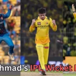 A three-panel collage showing a cricket bowler celebrating wickets in different matches. The left panel shows him in a blue Afghanistan national team kit, mid-celebration with one arm raised. The center and right panels show him in a yellow Chennai Super Kings uniform during IPL matches, making celebratory gestures with clenched fists and raised arms. Text at the bottom reads, “Noor Ahmad’s IPL Wicket Magic?”.