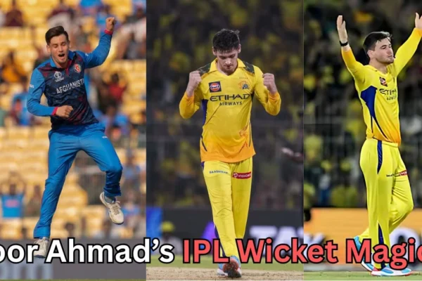 A three-panel collage showing a cricket bowler celebrating wickets in different matches. The left panel shows him in a blue Afghanistan national team kit, mid-celebration with one arm raised. The center and right panels show him in a yellow Chennai Super Kings uniform during IPL matches, making celebratory gestures with clenched fists and raised arms. Text at the bottom reads, “Noor Ahmad’s IPL Wicket Magic?”.