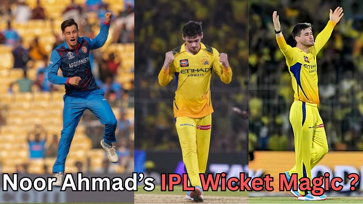 A three-panel collage showing a cricket bowler celebrating wickets in different matches. The left panel shows him in a blue Afghanistan national team kit, mid-celebration with one arm raised. The center and right panels show him in a yellow Chennai Super Kings uniform during IPL matches, making celebratory gestures with clenched fists and raised arms. Text at the bottom reads, “Noor Ahmad’s IPL Wicket Magic?”.