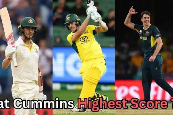 Australian cricketer Pat Cummins pictured in three different cricket formats — celebrating a milestone in Test whites, batting in yellow ODI kit, and bowling in T20 attire — with the caption “Pat Cummins Highest Score?” written at the bottom of the image.