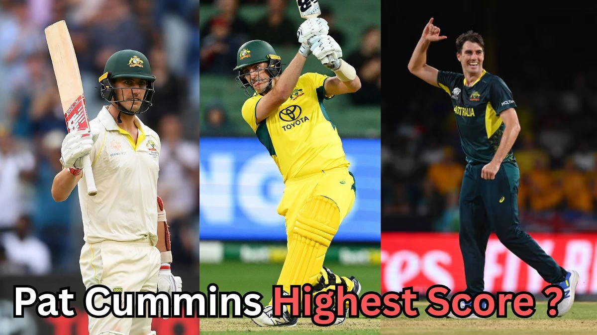 Australian cricketer Pat Cummins pictured in three different cricket formats — celebrating a milestone in Test whites, batting in yellow ODI kit, and bowling in T20 attire — with the caption “Pat Cummins Highest Score?” written at the bottom of the image.