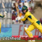 Australian cricketer Phoebe Litchfield in yellow uniform raising her bat and helmet after scoring a century, and another action shot of her playing a cover drive. Text on the image reads 'Phoebe Litchfield Highest Scoren?