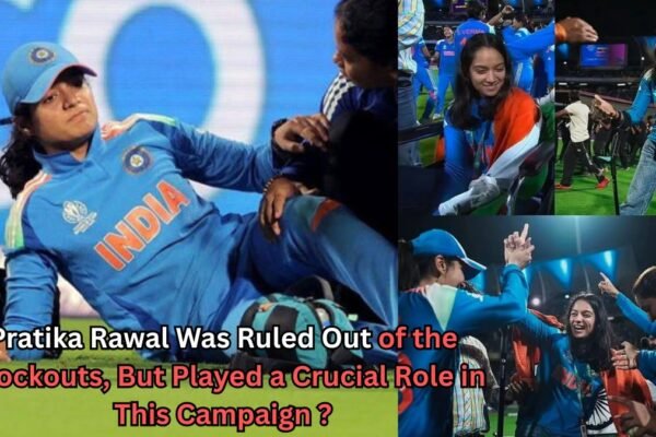 Collage showing Indian cricketer Pratika Rawal in the team’s blue jersey. On the left, she is seen sitting on the ground appearing injured. On the right, multiple images show her cheering and interacting with teammates and fans during a match. Text on the image reads: 'Pratika Rawal was ruled out of the knockouts, but played a crucial role in this campaign?'