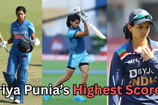 Three photos of Indian cricketer Priya Punia in different cricket outfits and poses — holding a bat after an innings, practicing with a raised bat, and wearing an India team jersey and cap. Text on the image reads: ‘Priya Punia’s Highest Score?