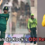 The image you uploaded seems to be about Quinton de Kock's return to One Day International (ODI) cricket. On the left side, it shows Quinton de Kock in action while playing for South Africa in a green and yellow jersey. On the right side, there’s a portrait of him in a similar outfit, and the text below reads, "Quinton de Kock’s ODI Return?" This could be referencing his comeback to South Africa's ODI squad after a period of limited participation in the format or speculation about his return to regular ODI appearances. Would you like more details on Quinton de Kock's current cricket career or his ODI status?