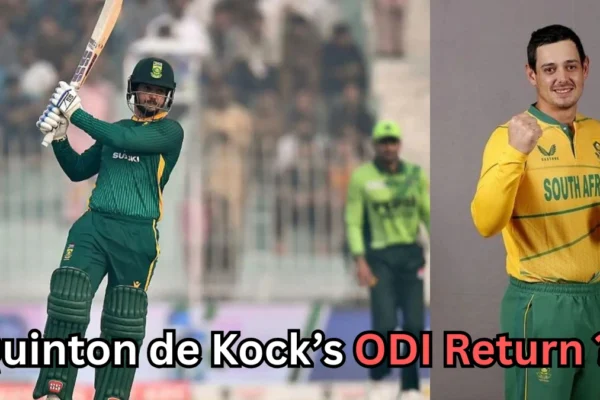 The image you uploaded seems to be about Quinton de Kock's return to One Day International (ODI) cricket. On the left side, it shows Quinton de Kock in action while playing for South Africa in a green and yellow jersey. On the right side, there’s a portrait of him in a similar outfit, and the text below reads, "Quinton de Kock’s ODI Return?" This could be referencing his comeback to South Africa's ODI squad after a period of limited participation in the format or speculation about his return to regular ODI appearances. Would you like more details on Quinton de Kock's current cricket career or his ODI status?