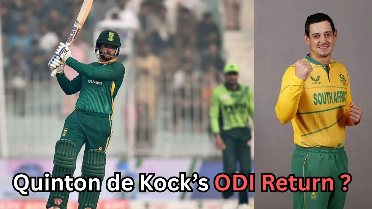 The image you uploaded seems to be about Quinton de Kock's return to One Day International (ODI) cricket. On the left side, it shows Quinton de Kock in action while playing for South Africa in a green and yellow jersey. On the right side, there’s a portrait of him in a similar outfit, and the text below reads, "Quinton de Kock’s ODI Return?" This could be referencing his comeback to South Africa's ODI squad after a period of limited participation in the format or speculation about his return to regular ODI appearances. Would you like more details on Quinton de Kock's current cricket career or his ODI status?