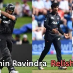 Collage of New Zealand cricketer Rachin Ravindra in black kit, batting, celebrating while bowling, and in action during a delivery. Text on the image reads ‘Rachin Ravindra Relishing?’