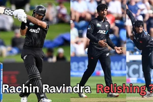 Collage of New Zealand cricketer Rachin Ravindra in black kit, batting, celebrating while bowling, and in action during a delivery. Text on the image reads ‘Rachin Ravindra Relishing?’