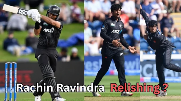 Collage of New Zealand cricketer Rachin Ravindra in black kit, batting, celebrating while bowling, and in action during a delivery. Text on the image reads ‘Rachin Ravindra Relishing?’