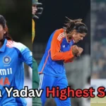 Collage of Indian women’s cricket player Radha Yadav in action wearing the blue Dream11 India jersey. The first image shows her with arms outstretched, the second captures her celebrating passionately after taking a wicket, and the third shows her smiling and pointing on the field. Text at the bottom reads ‘Radha Yadav Highest Score?’ indicating a query about her top batting performance.