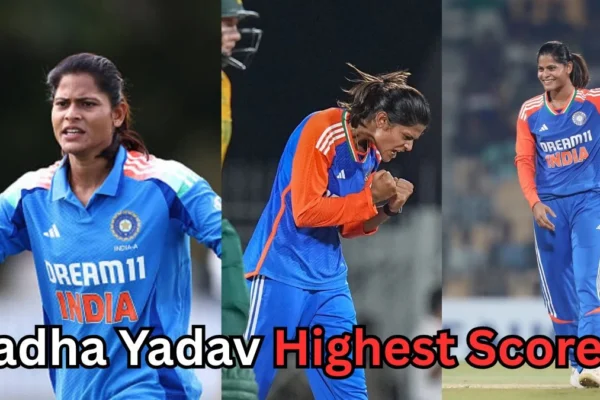 Collage of Indian women’s cricket player Radha Yadav in action wearing the blue Dream11 India jersey. The first image shows her with arms outstretched, the second captures her celebrating passionately after taking a wicket, and the third shows her smiling and pointing on the field. Text at the bottom reads ‘Radha Yadav Highest Score?’ indicating a query about her top batting performance.