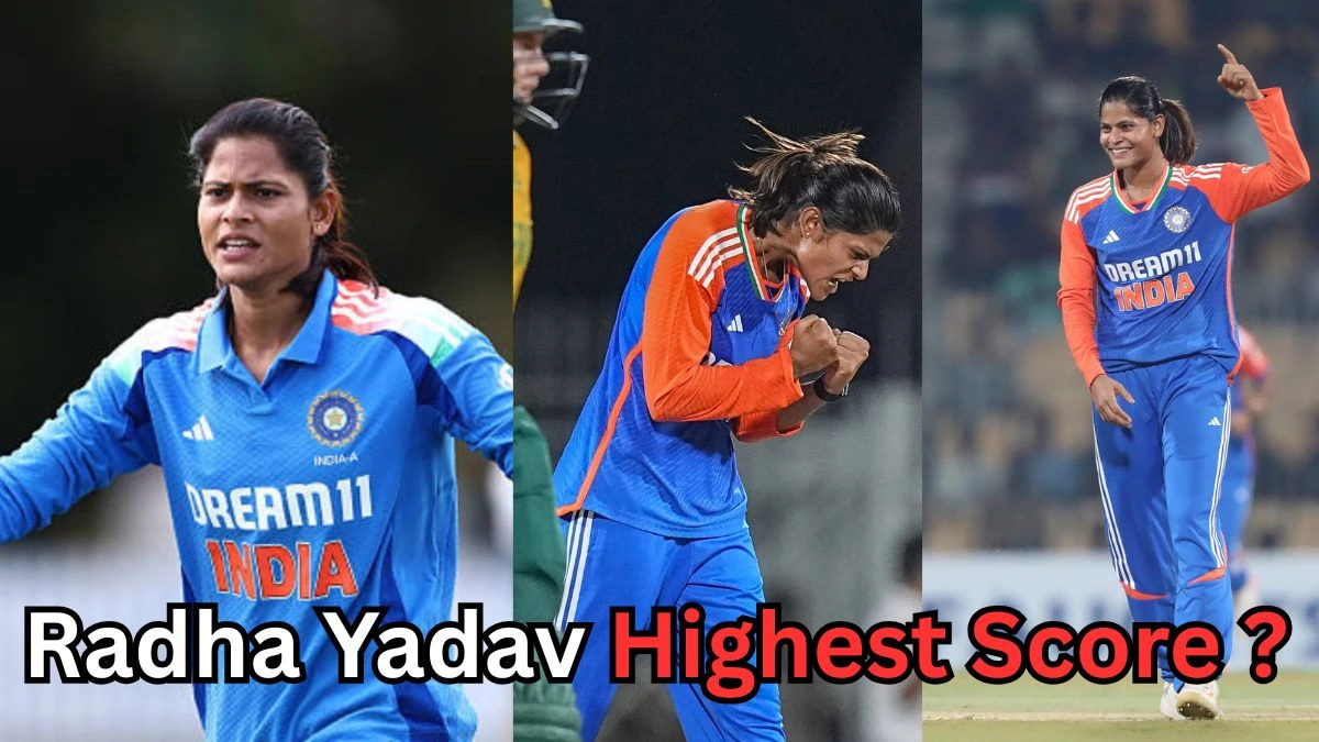 Collage of Indian women’s cricket player Radha Yadav in action wearing the blue Dream11 India jersey. The first image shows her with arms outstretched, the second captures her celebrating passionately after taking a wicket, and the third shows her smiling and pointing on the field. Text at the bottom reads ‘Radha Yadav Highest Score?’ indicating a query about her top batting performance.