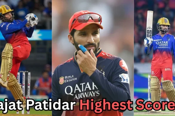 A three-panel collage of a cricket player in different action moments. The left panel shows the player in blue and red team gear playing an aggressive lofted shot. The center panel shows the same player in a red cap and dark team jersey, touching his beard and appearing thoughtful. The right panel shows the player holding up his bat after a performance, wearing blue and red cricket attire and a gold-colored helmet. At the bottom, bold text reads: ‘Rajat Patidar Highest Score?