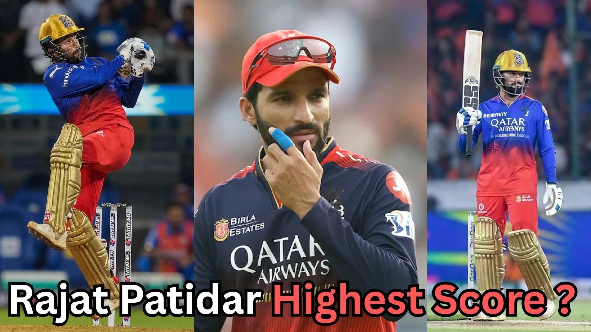 A three-panel collage of a cricket player in different action moments. The left panel shows the player in blue and red team gear playing an aggressive lofted shot. The center panel shows the same player in a red cap and dark team jersey, touching his beard and appearing thoughtful. The right panel shows the player holding up his bat after a performance, wearing blue and red cricket attire and a gold-colored helmet. At the bottom, bold text reads: ‘Rajat Patidar Highest Score?