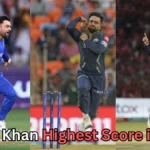 A three-panel collage showing a cricket bowler celebrating in different matches. The left panel shows him in a blue Afghanistan national team kit with arms spread out while celebrating. The center and right panels show him in a dark blue Gujarat Titans uniform during IPL games, making energetic celebratory gestures—one with a flexed arm and the other with one finger raised. Text at the bottom reads, “Rashid Khan Highest Score in IPL?