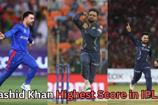 A three-panel collage showing a cricket bowler celebrating in different matches. The left panel shows him in a blue Afghanistan national team kit with arms spread out while celebrating. The center and right panels show him in a dark blue Gujarat Titans uniform during IPL games, making energetic celebratory gestures—one with a flexed arm and the other with one finger raised. Text at the bottom reads, “Rashid Khan Highest Score in IPL?