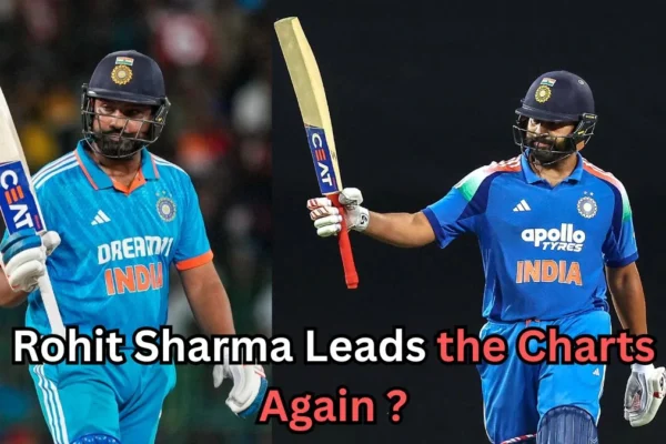 Two images of an Indian cricket player in blue jerseys holding up his bat in celebration on a cricket field. Text at the bottom reads: ‘Rohit Sharma Leads the Charts Again?