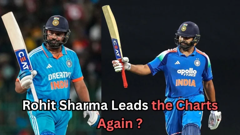 Two images of an Indian cricket player in blue jerseys holding up his bat in celebration on a cricket field. Text at the bottom reads: ‘Rohit Sharma Leads the Charts Again?