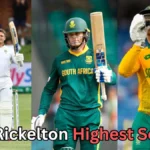 Collage of South African cricketer Ryan Rickelton in three different formats — Test, ODI, and T20 — wearing South Africa’s white, green, and yellow uniforms. He is seen raising his bat and helmet in celebration in one image, walking with his bat in another, and adjusting his helmet in the third. Text on the image reads: ‘Ryan Rickelton Highest Score?