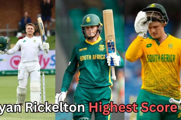 Collage of South African cricketer Ryan Rickelton in three different formats — Test, ODI, and T20 — wearing South Africa’s white, green, and yellow uniforms. He is seen raising his bat and helmet in celebration in one image, walking with his bat in another, and adjusting his helmet in the third. Text on the image reads: ‘Ryan Rickelton Highest Score?