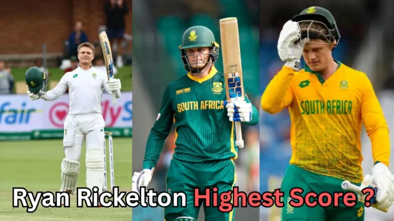 Collage of South African cricketer Ryan Rickelton in three different formats — Test, ODI, and T20 — wearing South Africa’s white, green, and yellow uniforms. He is seen raising his bat and helmet in celebration in one image, walking with his bat in another, and adjusting his helmet in the third. Text on the image reads: ‘Ryan Rickelton Highest Score?