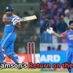 The image shows Indian cricketer Sanju Samson in action, wearing India’s blue and orange jersey. On the left, he is seen playing a shot during a match, while on the right, he raises his bat and helmet in celebration after reaching a milestone. The text on the image reads, "Sanju Samson’s Return on the Cards?"