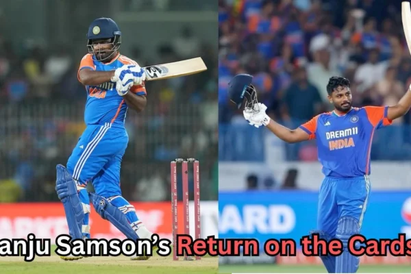 The image shows Indian cricketer Sanju Samson in action, wearing India’s blue and orange jersey. On the left, he is seen playing a shot during a match, while on the right, he raises his bat and helmet in celebration after reaching a milestone. The text on the image reads, "Sanju Samson’s Return on the Cards?"