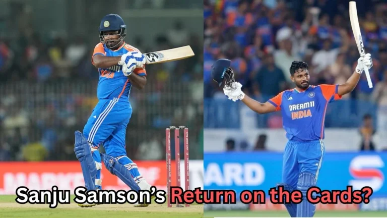 The image shows Indian cricketer Sanju Samson in action, wearing India’s blue and orange jersey. On the left, he is seen playing a shot during a match, while on the right, he raises his bat and helmet in celebration after reaching a milestone. The text on the image reads, "Sanju Samson’s Return on the Cards?"