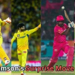 Collage featuring Chennai Super Kings and Rajasthan Royals IPL players. The first two images show CSK players in yellow jerseys celebrating and playing shots. The next two images show Rajasthan Royals players in pink jerseys batting and standing on the field. Text at the bottom reads 'Sanju Samson’s Surprise Move to CSK?' suggesting speculation about a player transfer