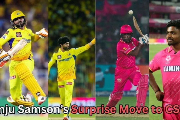 Collage featuring Chennai Super Kings and Rajasthan Royals IPL players. The first two images show CSK players in yellow jerseys celebrating and playing shots. The next two images show Rajasthan Royals players in pink jerseys batting and standing on the field. Text at the bottom reads 'Sanju Samson’s Surprise Move to CSK?' suggesting speculation about a player transfer