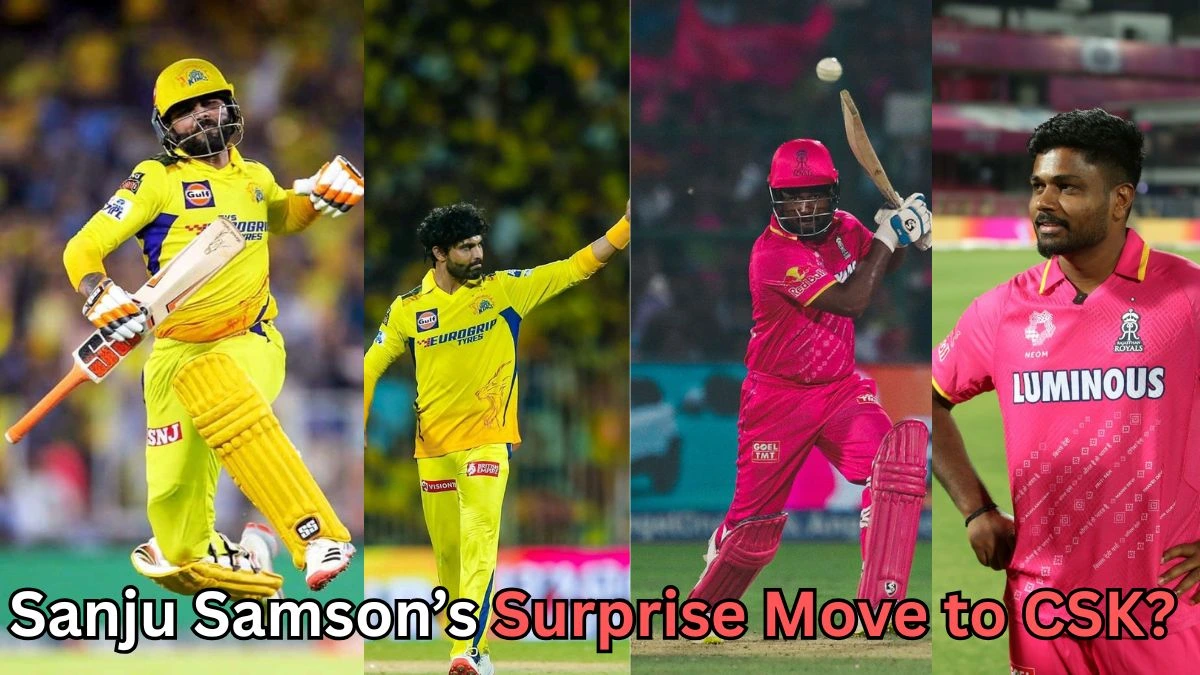 Collage featuring Chennai Super Kings and Rajasthan Royals IPL players. The first two images show CSK players in yellow jerseys celebrating and playing shots. The next two images show Rajasthan Royals players in pink jerseys batting and standing on the field. Text at the bottom reads 'Sanju Samson’s Surprise Move to CSK?' suggesting speculation about a player transfer