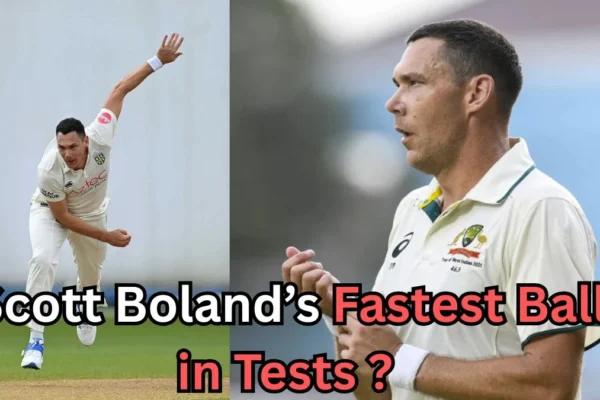 It seems you've uploaded an image with the title "Scott Boland’s Fastest Ball in Tests." The image includes pictures of Scott Boland, an Australian cricketer, with a text asking about his fastest ball in Test cricket. Would you like me to help with more information regarding Scott Boland's career or his fastest ball in Tests? Let me know how you'd like to proceed!