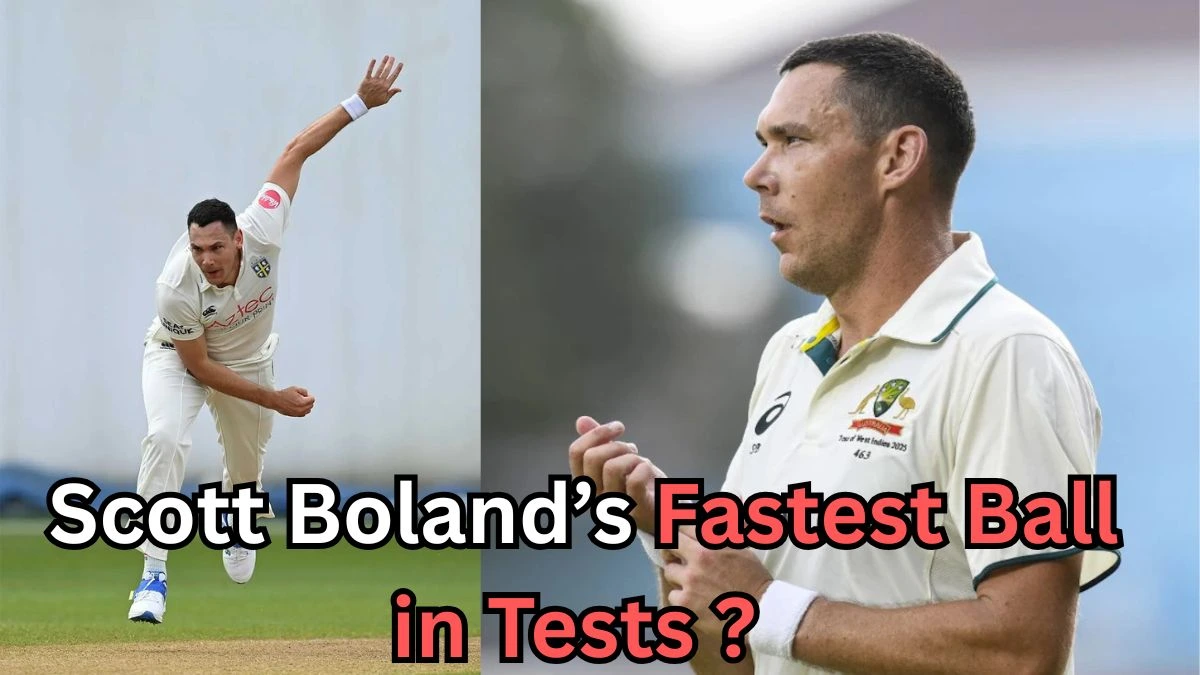 It seems you've uploaded an image with the title "Scott Boland’s Fastest Ball in Tests." The image includes pictures of Scott Boland, an Australian cricketer, with a text asking about his fastest ball in Test cricket. Would you like me to help with more information regarding Scott Boland's career or his fastest ball in Tests? Let me know how you'd like to proceed!