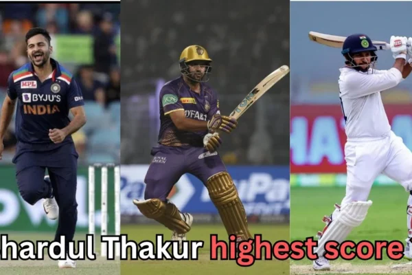 “A three-panel collage showing an Indian cricketer in different formats: celebrating after a wicket in limited-overs cricket, batting in a T20 league match wearing a purple jersey, and playing a shot in Test cricket. Text at the bottom asks, ‘Shardul Thakur highest score?’