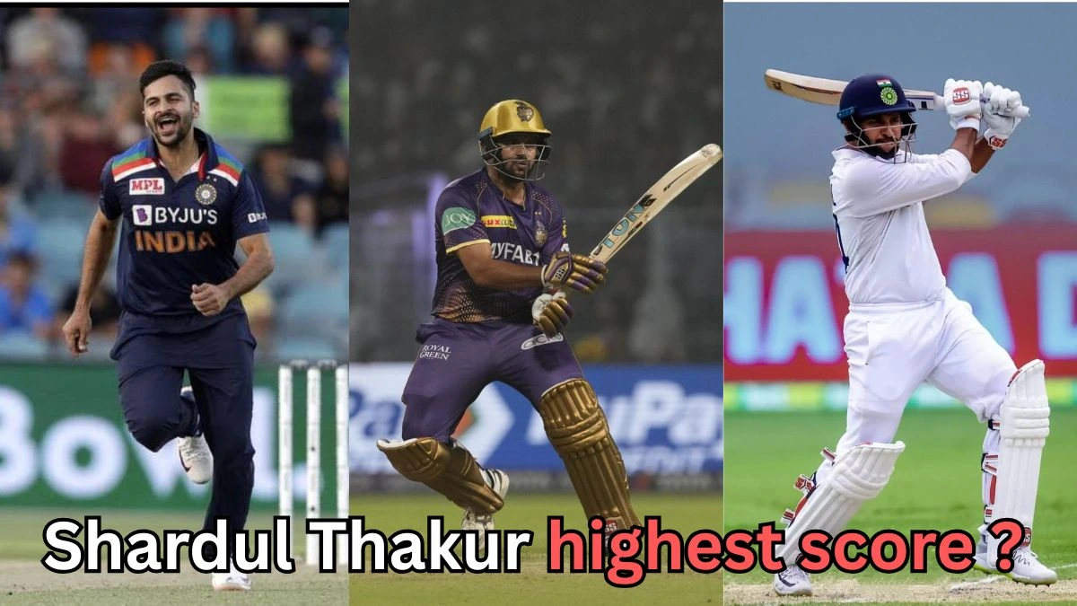 “A three-panel collage showing an Indian cricketer in different formats: celebrating after a wicket in limited-overs cricket, batting in a T20 league match wearing a purple jersey, and playing a shot in Test cricket. Text at the bottom asks, ‘Shardul Thakur highest score?’