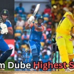 The image you uploaded shows Shivam Dube, an Indian cricketer, in different action shots representing his playing career, including his time with both India and Chennai Super Kings in the IPL. The text in the image is asking about his highest score. Shivam Dube's highest score in T20I (international cricket) is 54 runs, which he scored against New Zealand in 2020.