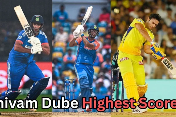 The image you uploaded shows Shivam Dube, an Indian cricketer, in different action shots representing his playing career, including his time with both India and Chennai Super Kings in the IPL. The text in the image is asking about his highest score. Shivam Dube's highest score in T20I (international cricket) is 54 runs, which he scored against New Zealand in 2020.
