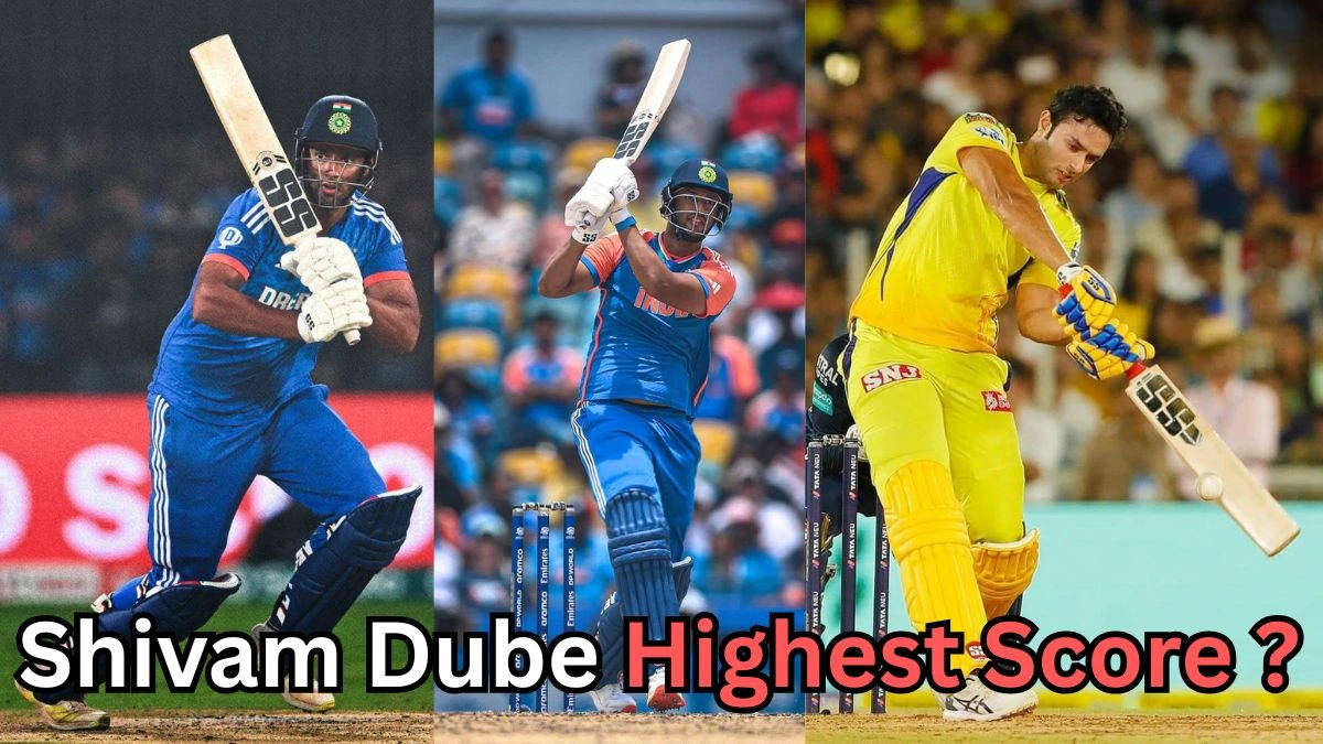 The image you uploaded shows Shivam Dube, an Indian cricketer, in different action shots representing his playing career, including his time with both India and Chennai Super Kings in the IPL. The text in the image is asking about his highest score. Shivam Dube's highest score in T20I (international cricket) is 54 runs, which he scored against New Zealand in 2020.