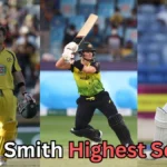 Steve Smith in three different Australian cricket uniforms – ODI (yellow), T20 (black and green), and Test (white) – holding or playing shots with his bat. The text at the bottom reads: ‘Steve Smith Highest Score?’ in bold letters.