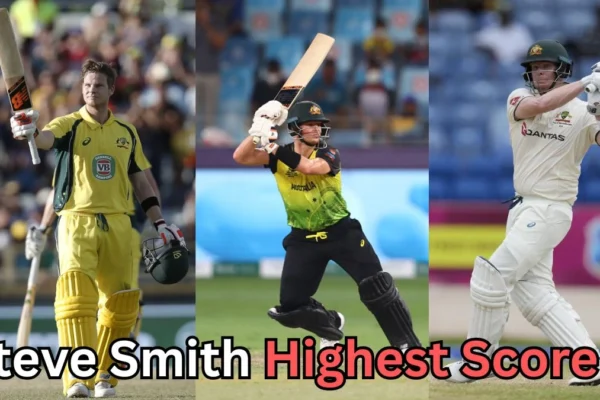 Steve Smith in three different Australian cricket uniforms – ODI (yellow), T20 (black and green), and Test (white) – holding or playing shots with his bat. The text at the bottom reads: ‘Steve Smith Highest Score?’ in bold letters.