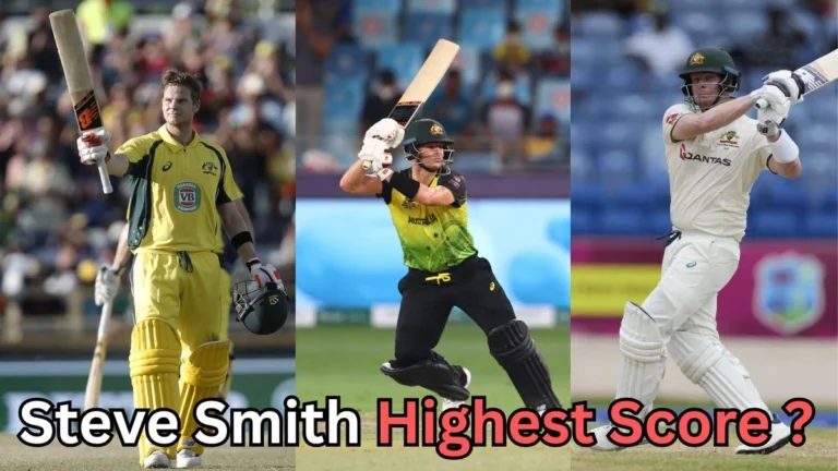 Steve Smith in three different Australian cricket uniforms – ODI (yellow), T20 (black and green), and Test (white) – holding or playing shots with his bat. The text at the bottom reads: ‘Steve Smith Highest Score?’ in bold letters.