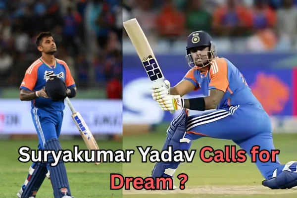 A split image shows a male cricketer in a blue and orange uniform. On the left, he is walking on the field holding a bat and helmet, looking upward. On the right, he is playing a shot while kneeling, with his bat extended forward. The background shows a stadium crowd. Text across the bottom of the image reads: “Suryakumar Yadav Calls for Dream?