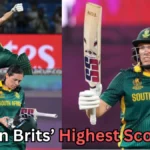 The image shows Tazmin Brits, a South African cricketer, with the text "Tazmin Brits’ Highest Score?" suggesting a query about her top batting performance. The image features multiple shots of Brits in action, wearing her South African team kit, celebrating with a raised bat after scoring, likely during a significant match.
