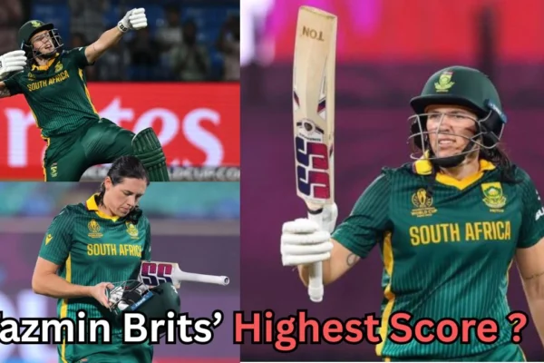 The image shows Tazmin Brits, a South African cricketer, with the text "Tazmin Brits’ Highest Score?" suggesting a query about her top batting performance. The image features multiple shots of Brits in action, wearing her South African team kit, celebrating with a raised bat after scoring, likely during a significant match.